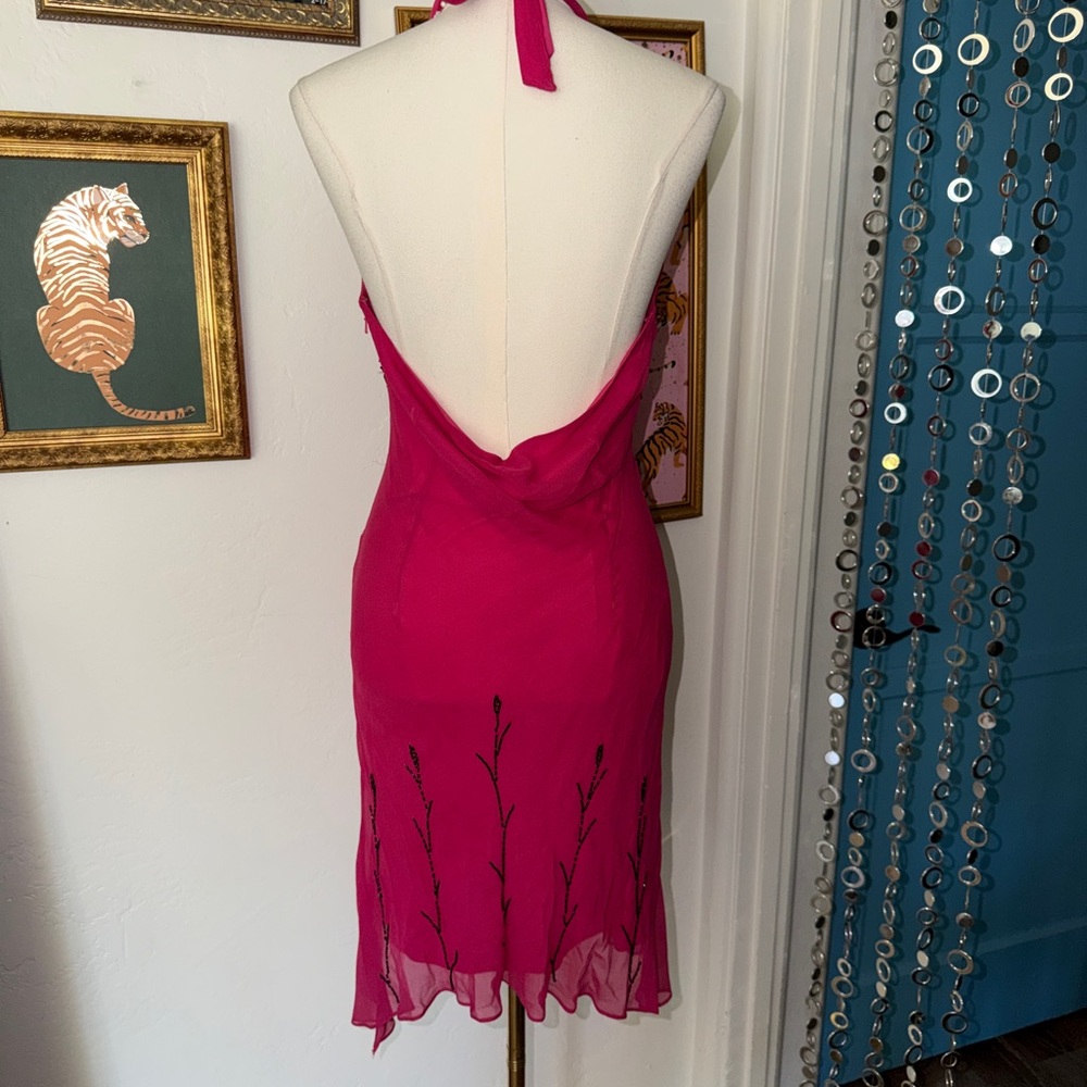 Vintage Y2K Silk Pink Halter Dress with Black Embroidery - Picture 2 of 3